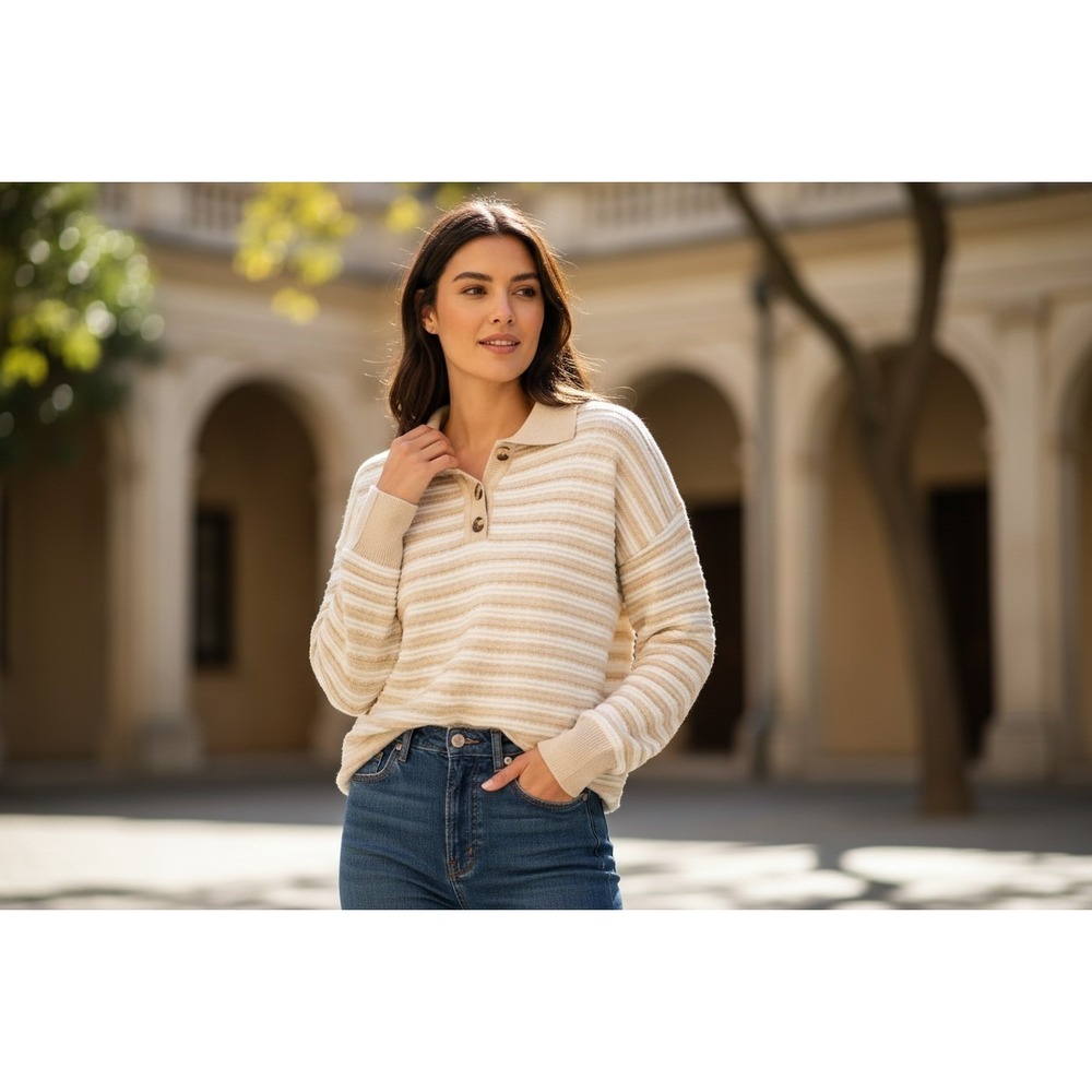 Zesica  Women's long-sleeve waffle knit Cream beige stripes Cozy sweater size M